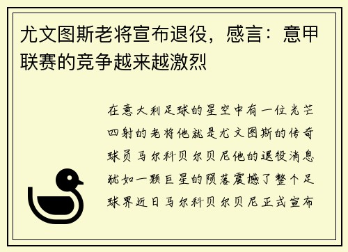 尤文图斯老将宣布退役，感言：意甲联赛的竞争越来越激烈